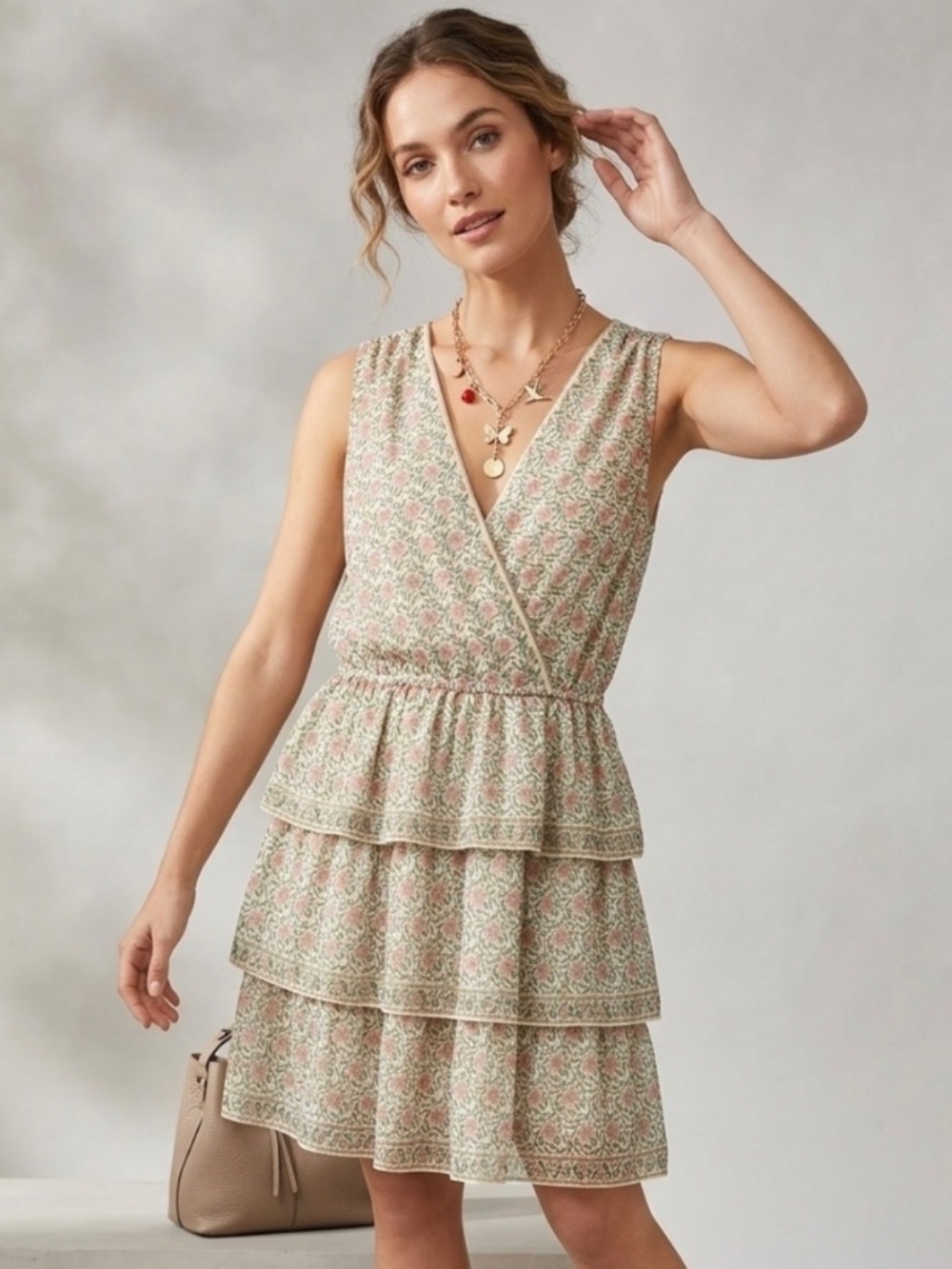 Tiered Floral Ivory Green Pink Sunflower Dress Sz L Boho Cottagecore Romantic